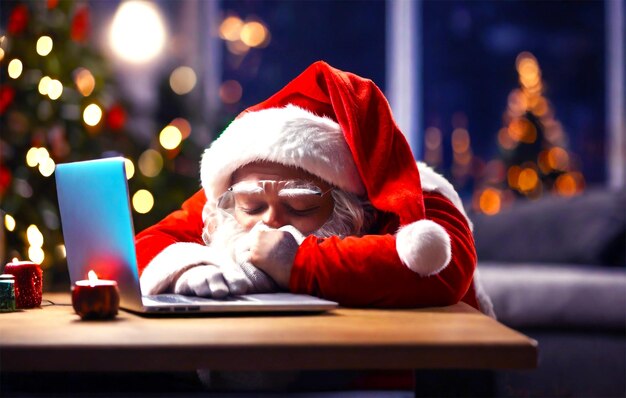 Babbo Natale seduto sulla sedia a dondolo e che scrive sul portatile