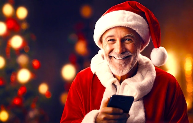 Babbo Natale seduto sulla sedia a dondolo e usando il telefono