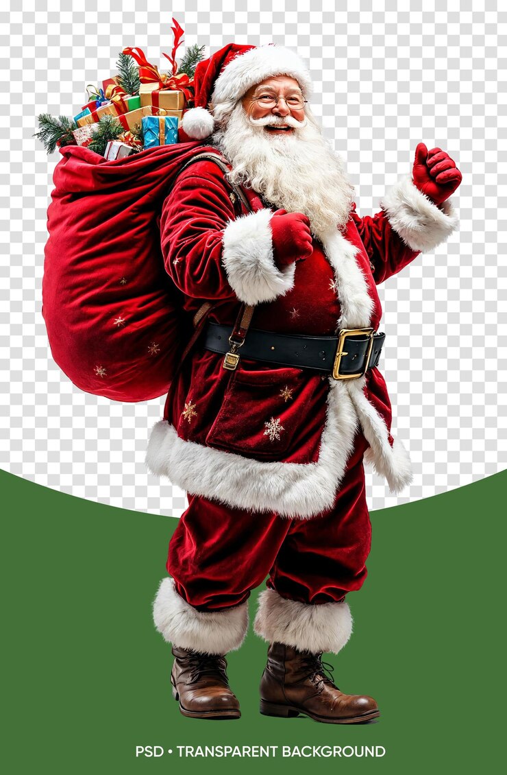 PSD babbo natale sorridente con una grande borsa rossa piena di regali di natale sulla schiena