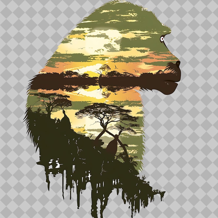 PSD baboon inside a silhouette rectangle savannah adorned with a png watercolor wild life collections
