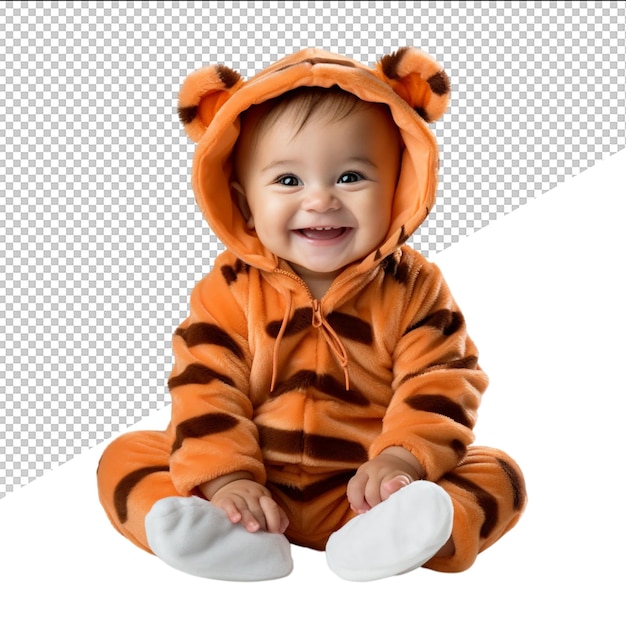 PSD a baby wearing a tiger outfit is sitting on a white background