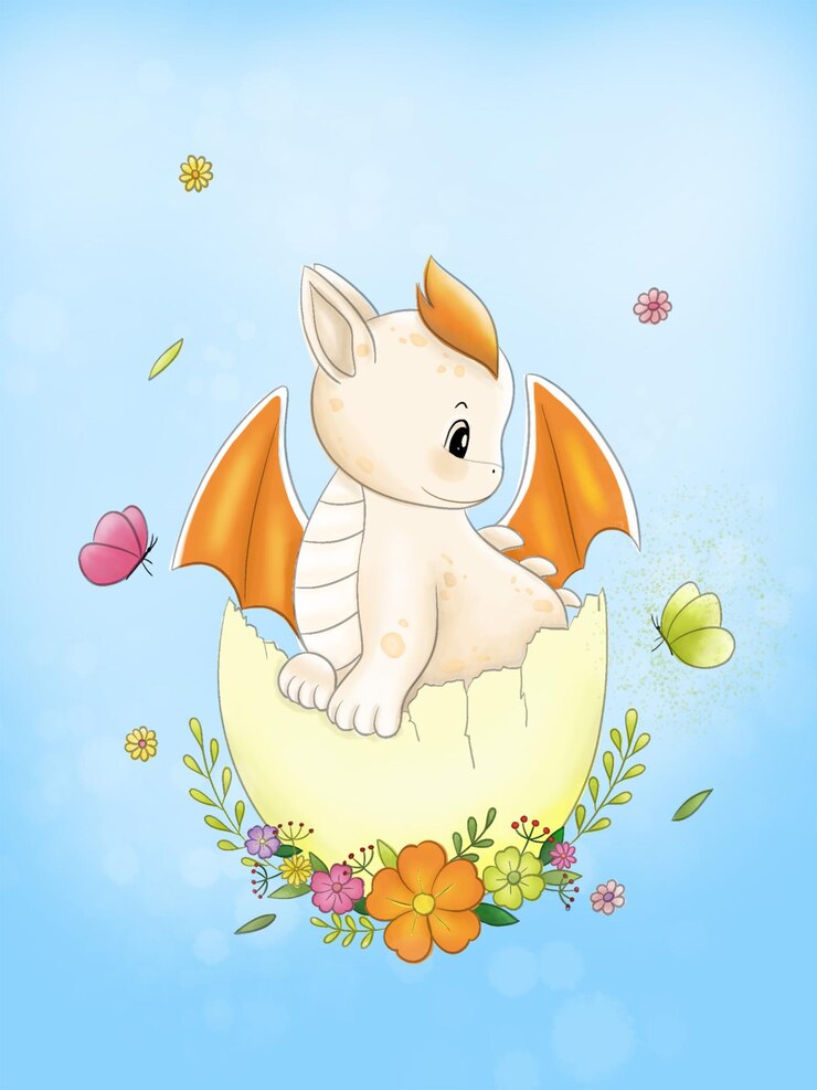 PSD babydrache in eierschale mit blumen