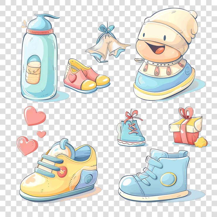 PSD babyflasche in der nähe von babyschuhen und gegenwart aquarell kindergarten durchsichtigen hintergrund