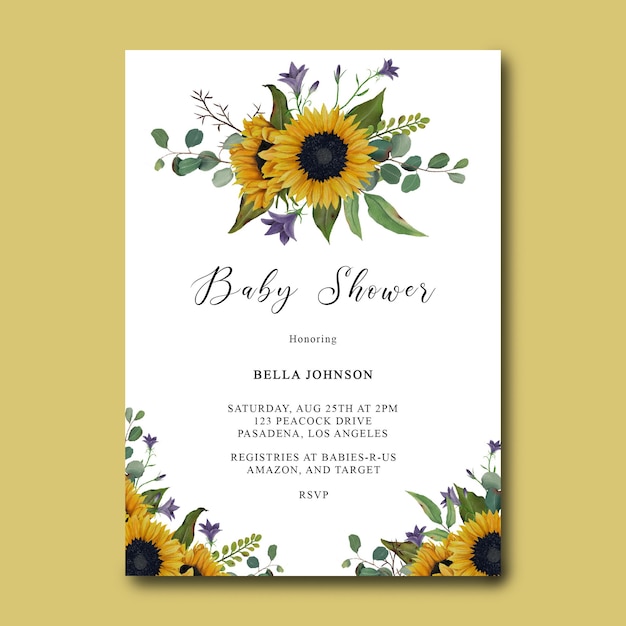 Babypartyschablone mit handgezeichnetem Sonnenblumenrahmen