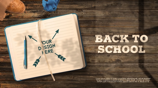 Back to school mockup notebook auf dunklen holztischfenster schatten