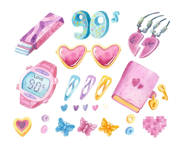 Back to the 90s Retro Clipart toys sunglasses heart pendant chewing gum wrist watch PSD