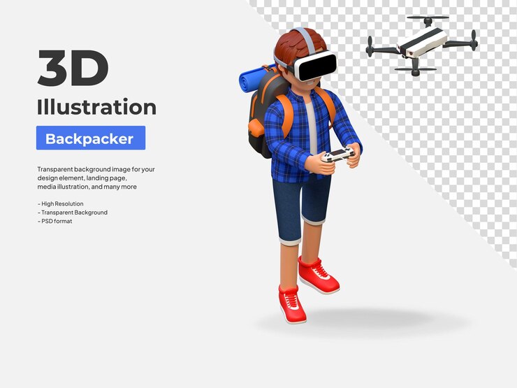 PSD backpacker jugando drone con auriculares de realidad virtual ilustración de personaje de dibujos animados 3d