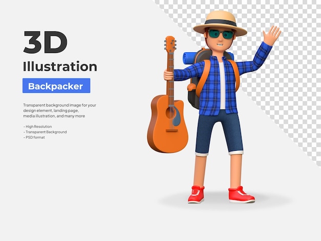 Backpacker tocando la guitarra ilustración de personaje de dibujos animados 3d