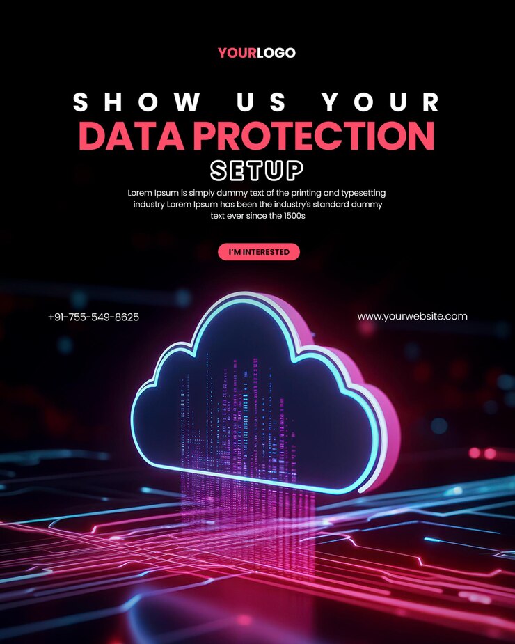 PSD backup restore cloud backup poster template con icona di nuvola con effetti di luce luminosa e flussi di dati che scorrono attraverso