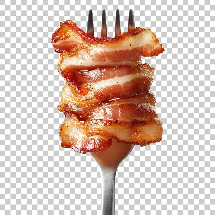 PSD bacon de agua para la boca en un tenedor aislado sobre un fondo transparente