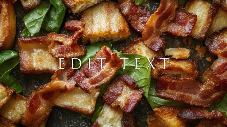 PSD bacon crujiente y cubos de pan tostado con espinaca
