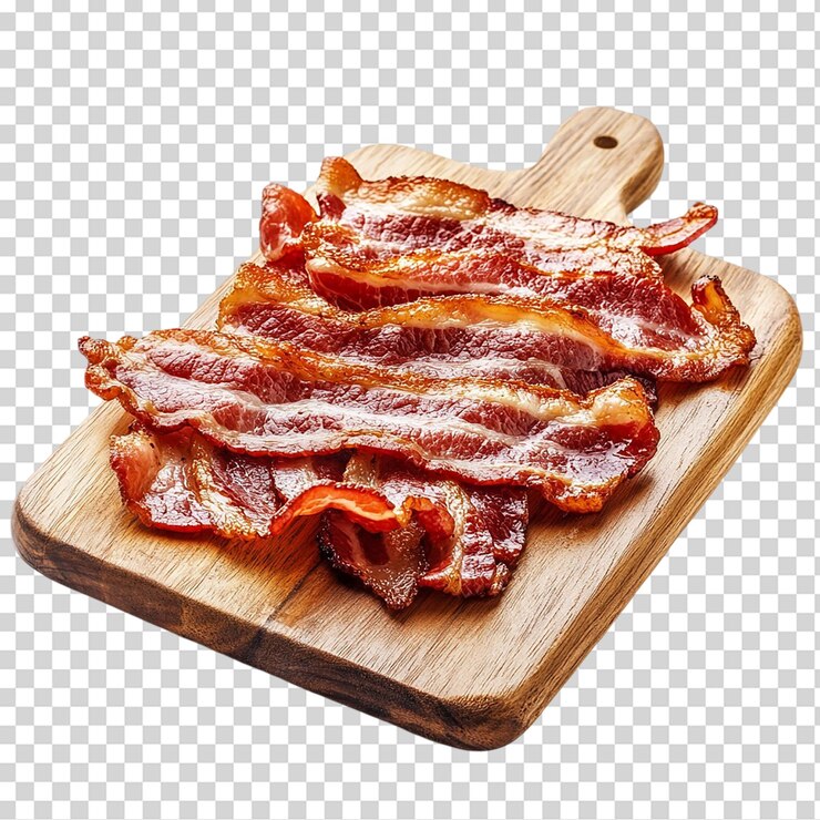 PSD bacon crujiente en tablero de madera aislado sobre un fondo transparente