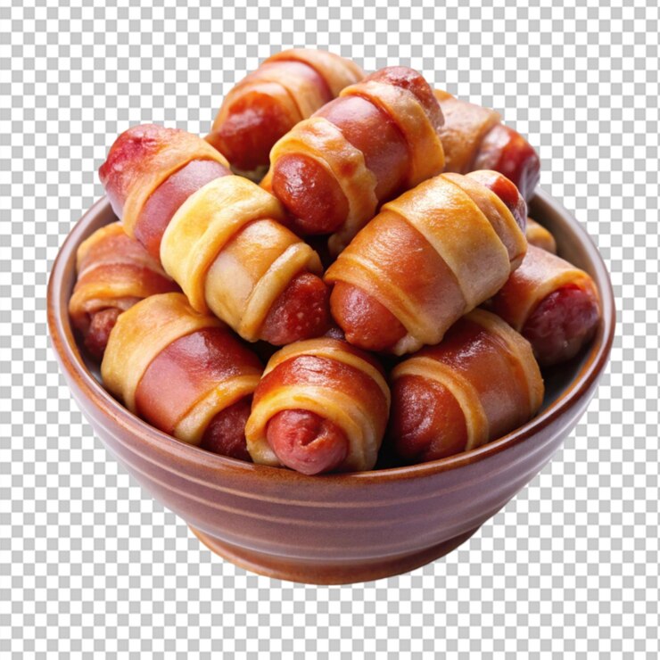 PSD bacon pigs in a blanket in bowl on transparent background