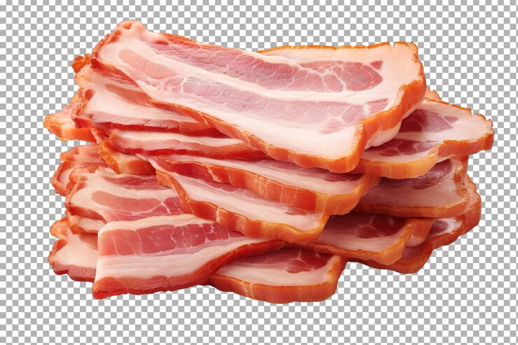 PSD bacon en rodajas arreglado en una pila ordenada en fondo png transparente
