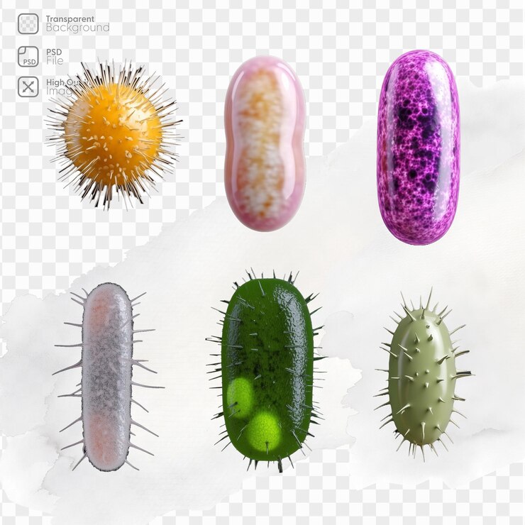 PSD bacterias y microorganismos coloridos con formas únicas sobre un fondo transparente