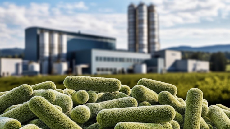 PSD bacterias microscópicas en primer plano con el fondo borroso de una fábrica industrial