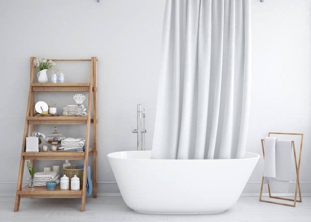 Badewanne mit Vorhang und Regal