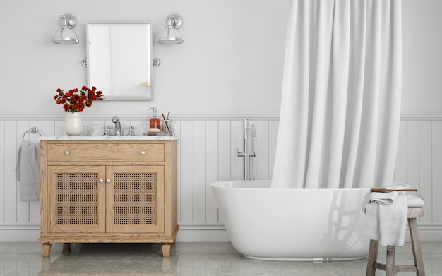 Badewanne mit Vorhang und Waschbecken im Schrank