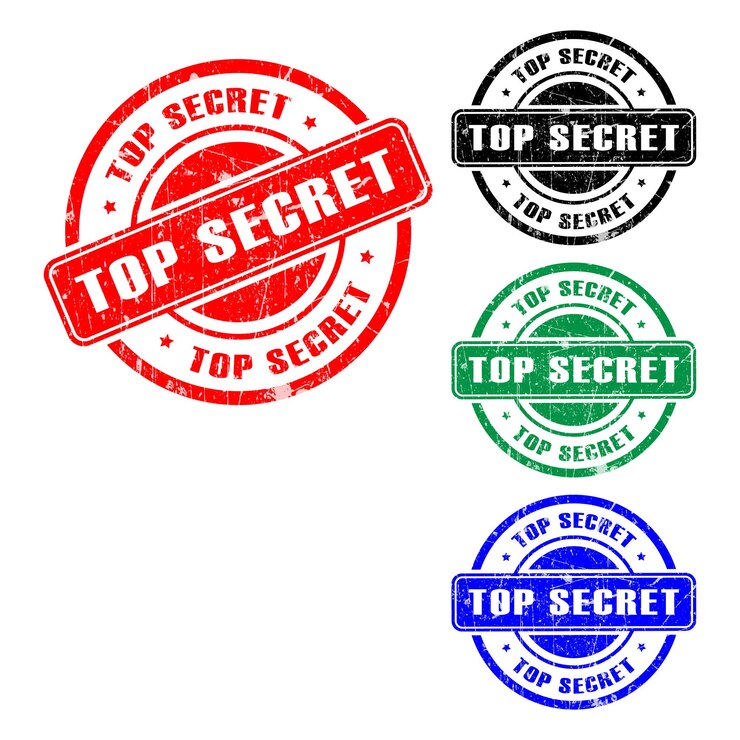 PSD badge di francobollo top secret in rosso nero verde e blu isolato su sfondo trasparente