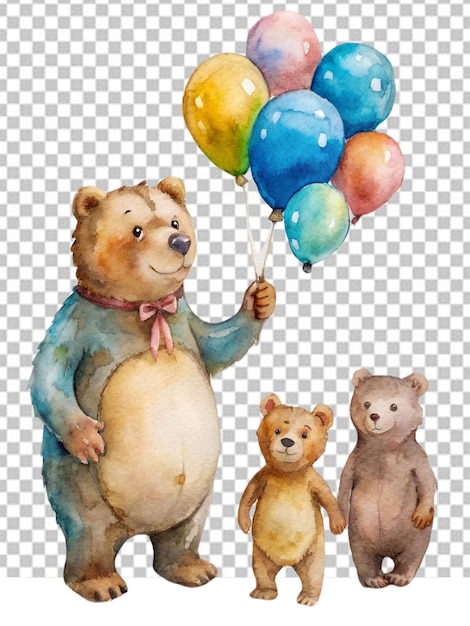 PSD bär nimmt unterschiedlich farbige ballons für seine zwei kinder auf weißem hintergrund
