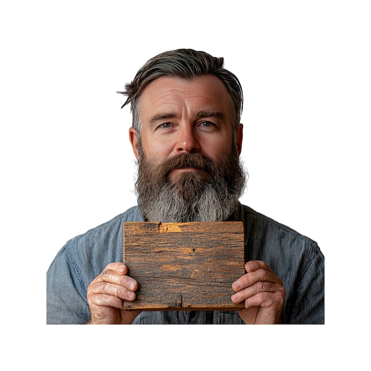 PSD bärtiger mann hält ein holzschild