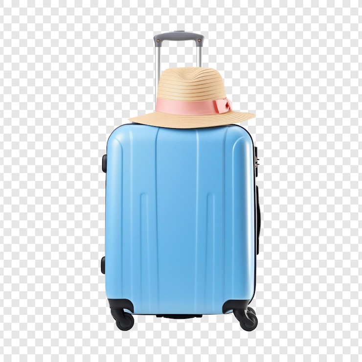 PSD bagages bleus légers avec chapeau d'été isolé sur un fond transparent