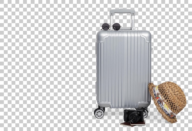 PSD bagages de voyage avec caméra de passeport chapeau isolé avec espace de copie arrière-plan du concept de voyage png transparence avec ombre