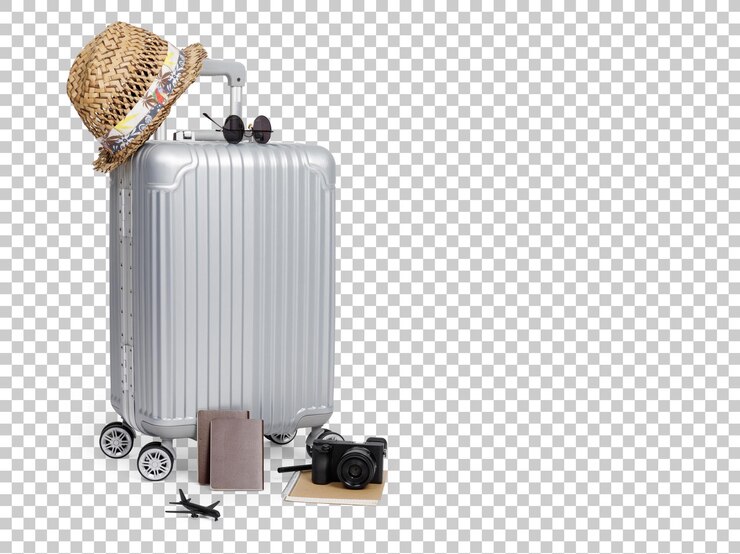 PSD bagages de voyage avec chapeau de caméra de passeport jouet d'avion et smartphone isolé avec espace de copie arrière-plan du concept de voyage transparence png avec ombre
