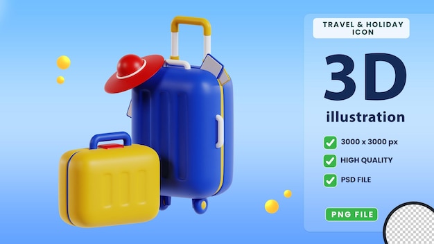 Bagages de voyage avec chapeau de plage illustration 3d de voyage et de vacances
