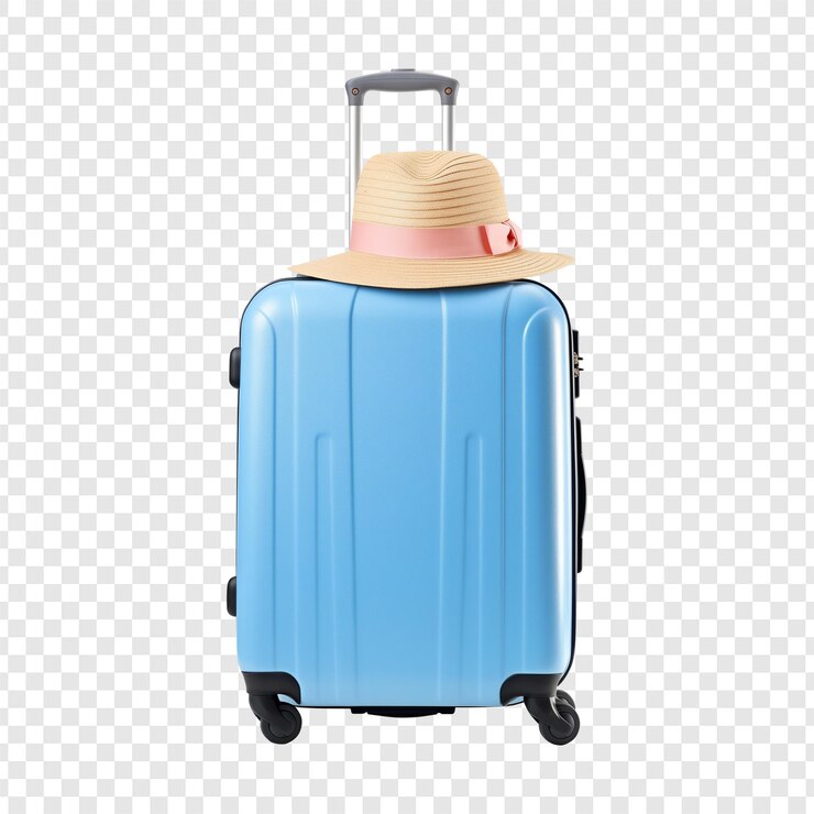 PSD bagaglio blu leggero con cappello estivo isolato su sfondo trasparente