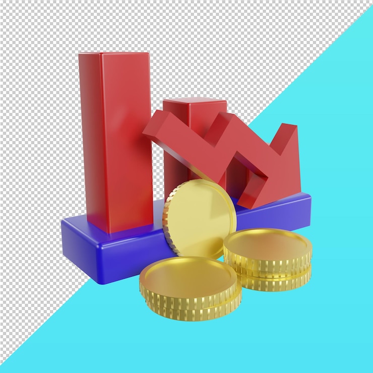 PSD bagan batang menunjukkan penurunan stok dengan file psd ilustrasi render 3d koin emas