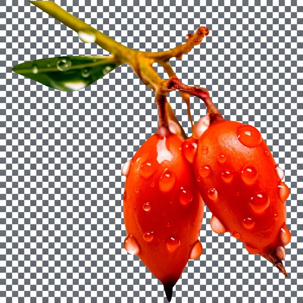 PSD bagas de goji frescas com caule e folhas em fundo transparente