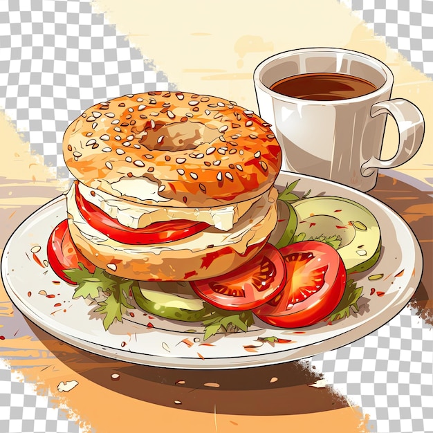 PSD bagel con aderezos y té en un plato de fondo transparente