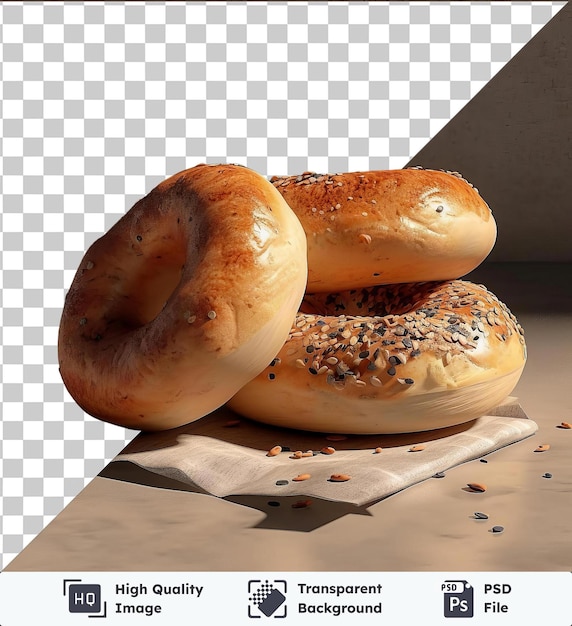 PSD bagels recém-cozidos transparentes e um donut castanho sentam-se em um fundo transparente contra uma parede cinza acompanhados de um guardanapo branco