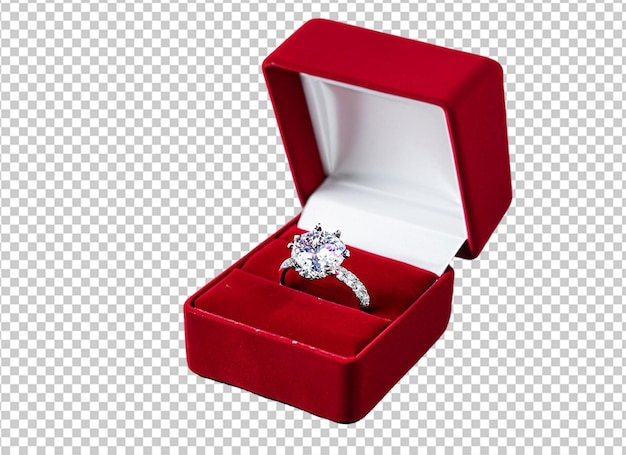 Une bague en diamant brillant en 3D dans une boîte rouge.