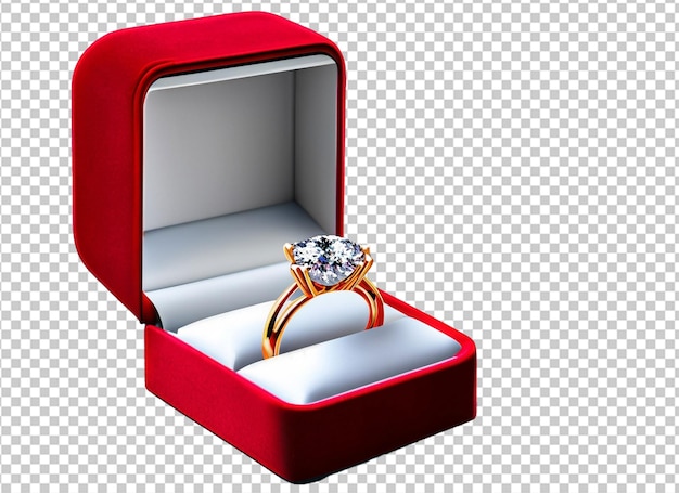 Une bague en diamant brillant en 3D dans une boîte rouge.