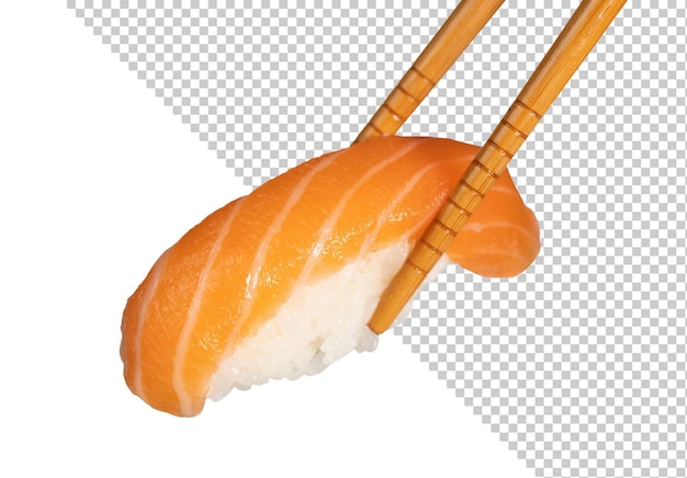 Des baguettes avec du sushi au saumon nigiri