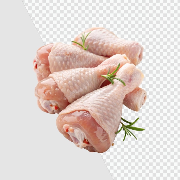 Des baguettes de poulet crues fraîches avec du romarin sur un fond transparent
