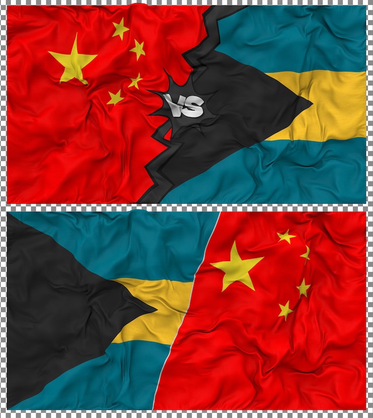 PSD bahamas gegen china halbkombinierte flagge stoff bump textur 3d-rendering