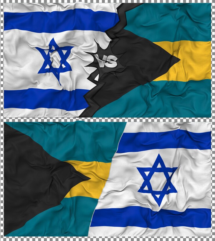 PSD bahamas vs israel meio combinado bandeira roupa bump textura renderização 3d