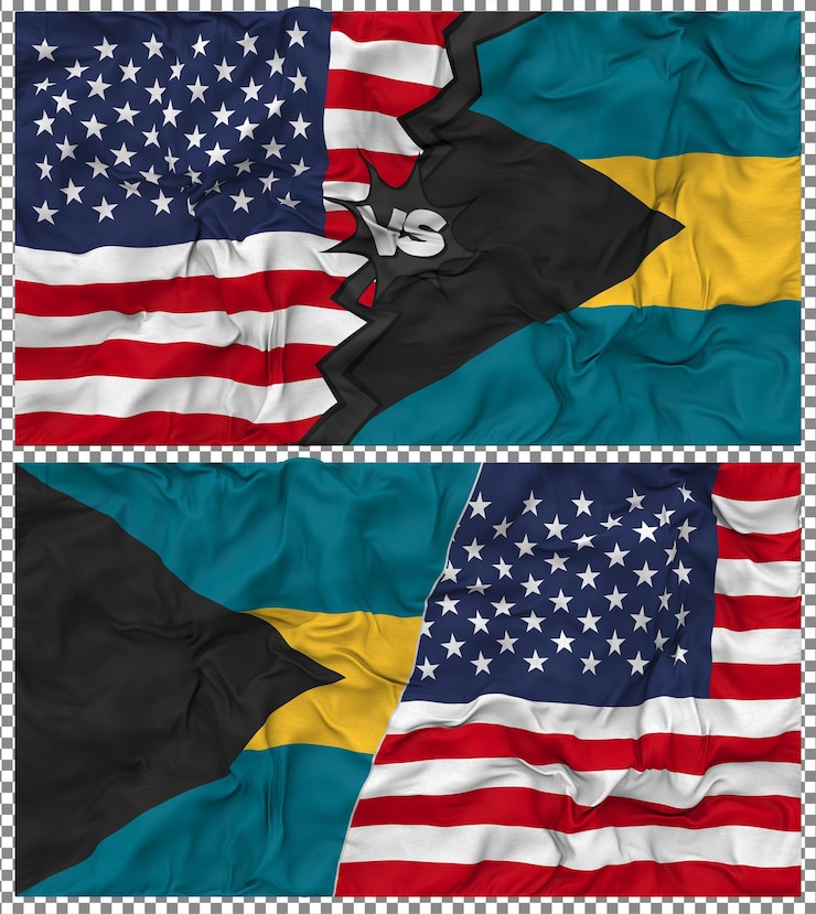 PSD bahamas vs united states half combined flag cloth bump texture bilateral relation 3d rendering