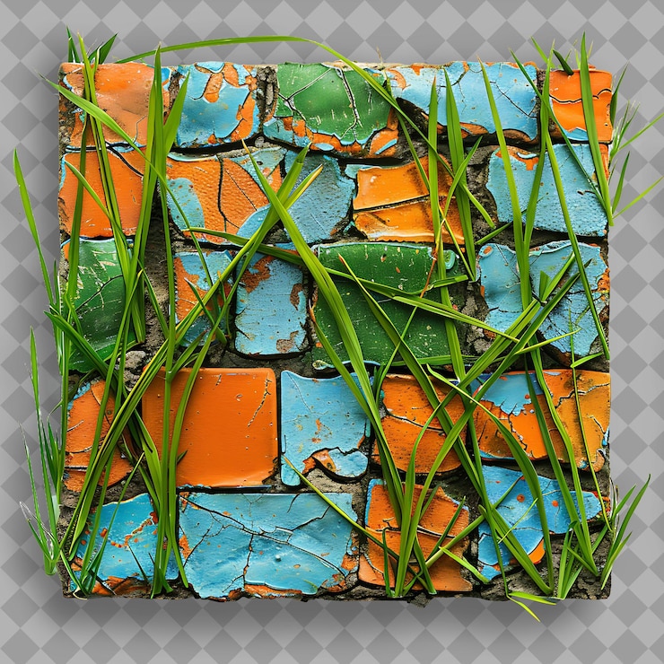 PSD bahia grass con terracota y fragmentos de cerámica azul y textura verde aislada de gris en bg limpio