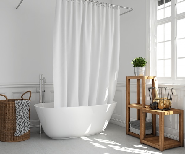 baignoire avec rideau et étagères