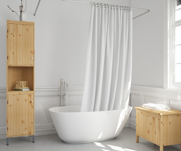 baignoire avec rideau et étagères