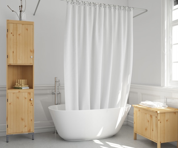 baignoire avec rideau et étagères