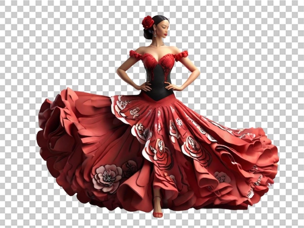 Bailarina de flamenco en 3d con un hermoso vestido sobre un fondo transparente