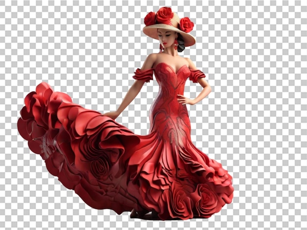 PSD bailarina de flamenco en 3d con un hermoso vestido sobre un fondo transparente