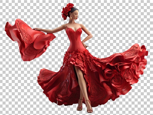 PSD bailarina de flamenco en 3d con un hermoso vestido sobre un fondo transparente