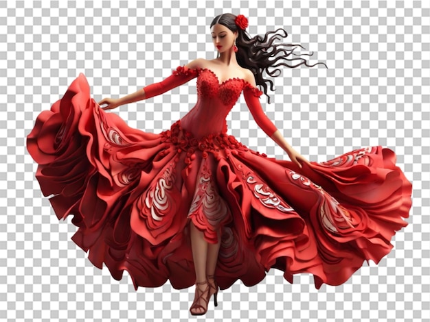 Bailarina de flamenco en 3d con un hermoso vestido sobre un fondo transparente