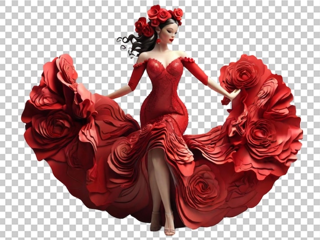 PSD bailarina de flamenco en 3d con un hermoso vestido sobre un fondo transparente